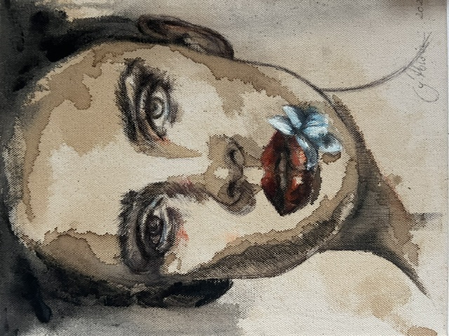 Aquarell – Porträt mit blauer Blüte